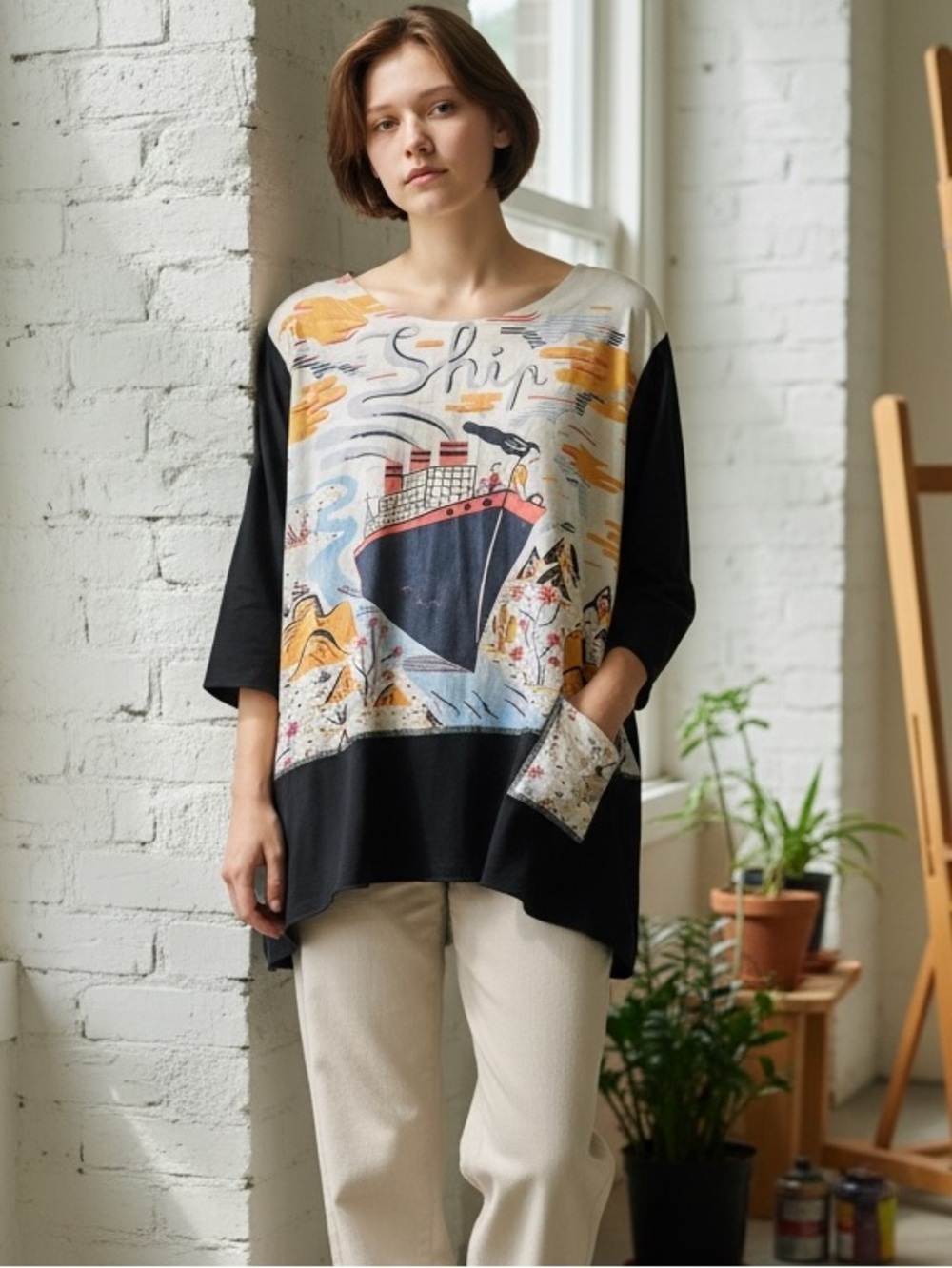 Cupcake International top, size L, oversized, ship design, cotton